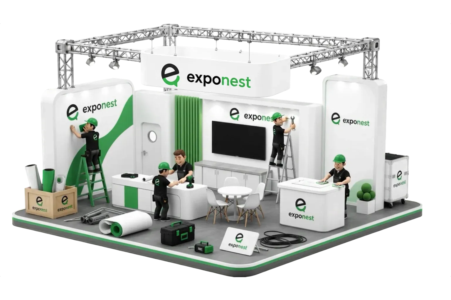 Stand de Exponest en construcción en una feria de exposiciones